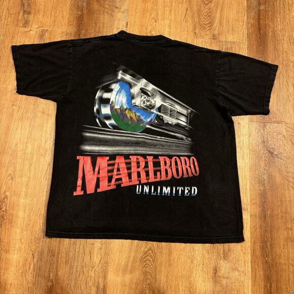 Vintage Marlboro Unlimited Train Shirt Mens XL 90s Faded Black Cigarette Promo - Picture 1 of 6